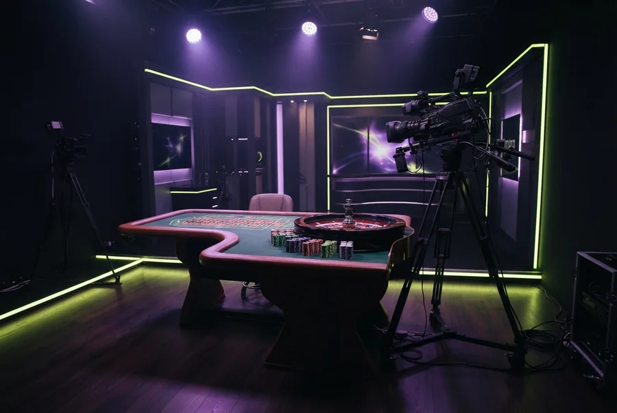 Illustration: leeres Live-Studio mit Kameras und Roulette-Tisch